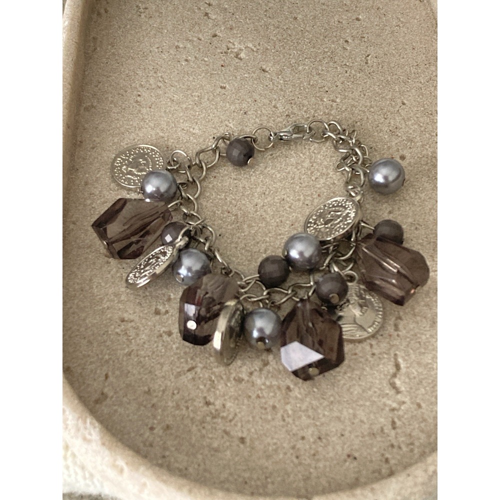 Silver Tone Charm Bracelet Faux Pearl Smoky Gray Faceted Bead Coin Dangle Chunky